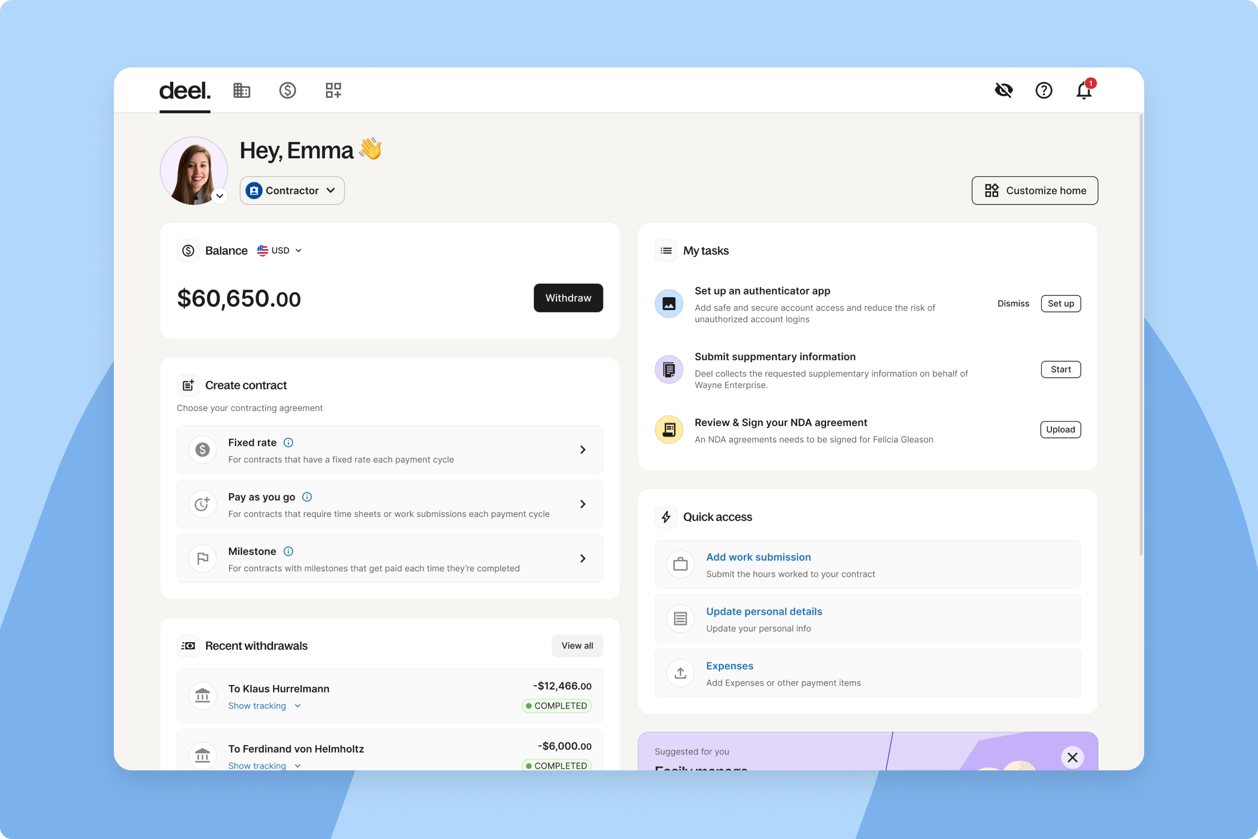 Deel contractor dashboard showing account balance of $60,650, contract creation options for fixed rate, pay as you go, and milestone contracts, recent withdrawals, and task management