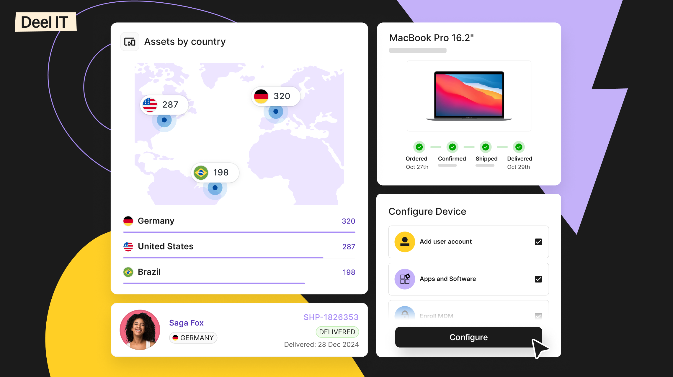 Deel IT interface showing global asset tracking by country with device counts for Germany (320), United States (287), and Brazil (198), plus MacBook Pro order tracking and device configuration options
