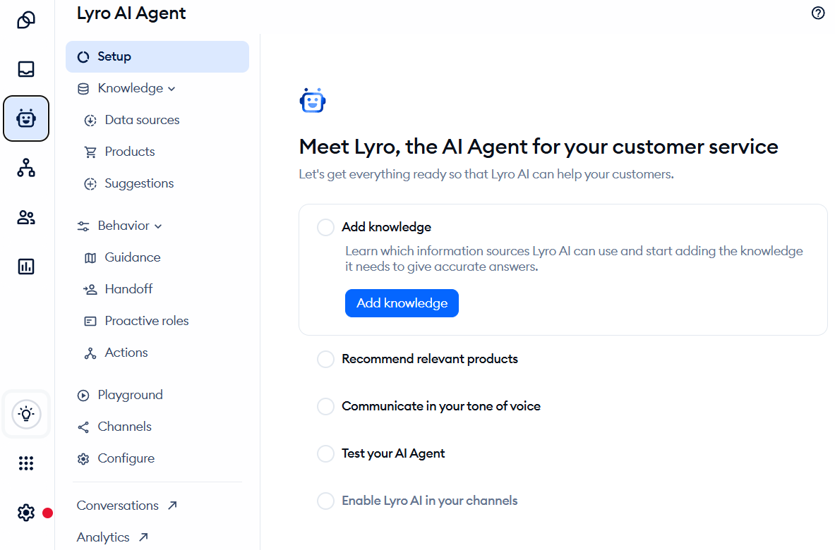 Lyro AI Agent setup screen inside Tidio showing knowledge sources, behavior guidance, handoff rules, actions, and playground in the left navigation