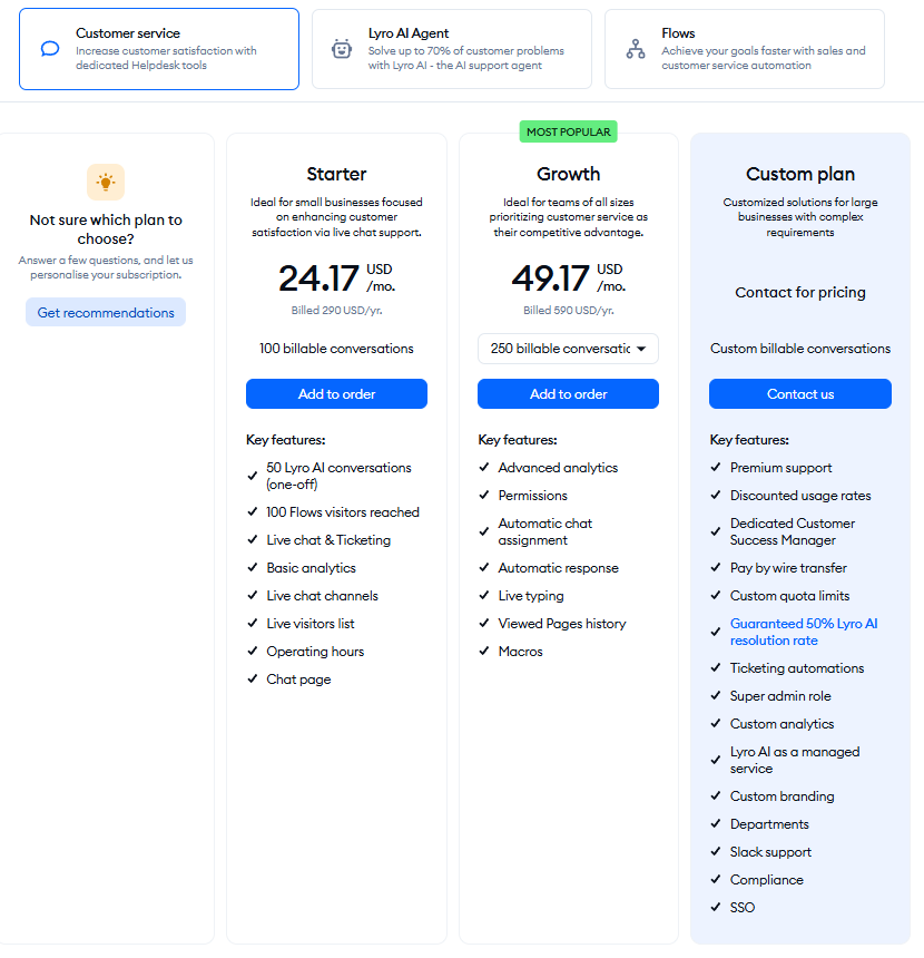 Tidio Customer Service pricing showing the Starter plan at 24.17 USD per month and the Growth plan at 49.17 USD per month